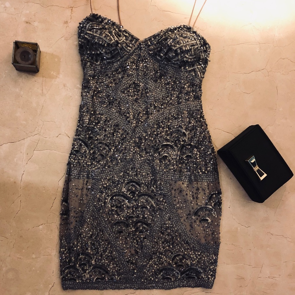 Beaded grey sexy cocktail dress